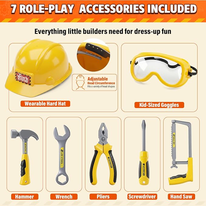 Pandapop Kids Tool Set, Costumes for Kids, Toddler Dress Up Toys | Toddler Tools with Kids Construction Vest, Hard Hat & Goggles, Kids' Dress Up & Pretend Play, Halloween Costumes for Kids