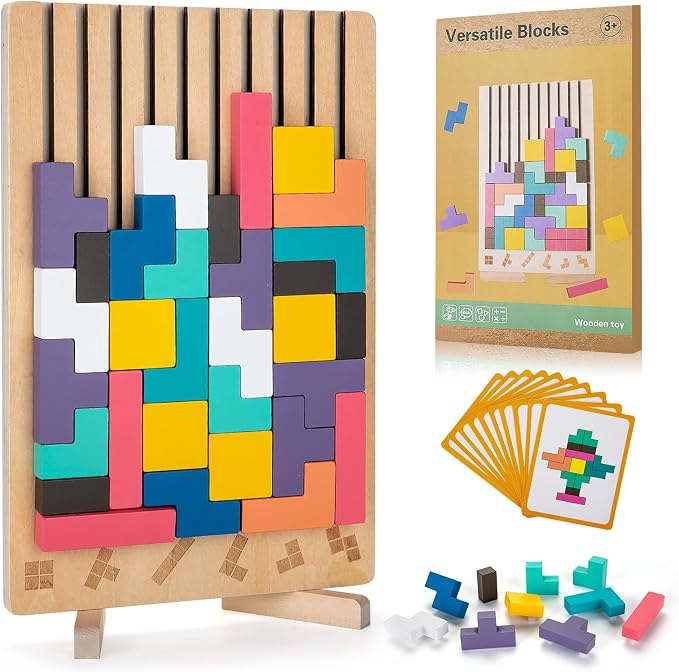 BSADIY Montessori Brain Blocks Wooden Stacking Puzzle Toy for 3-6 Year Old | Educational Montessori Toys for Kids, Colored 3D Russian Block Stacking Jigsaw Tetris Puzzle, Giant Building Block Board Game