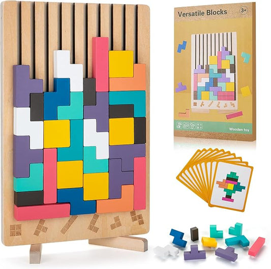 BSADIY Montessori Brain Blocks Wooden Stacking Puzzle Toy for 3-6 Year Old | Educational Montessori Toys for Kids, Colored 3D Russian Block Stacking Jigsaw Tetris Puzzle, Giant Building Block Board Game