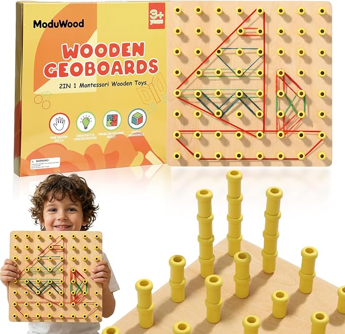 Wooden Geoboard with Stackable Pegs - 2 in 1 Montessori Peg Board Toy with 68Pcs Wood Pegs for 3 4 5 6 Year Old Kids - Fine Motor STEM Building Set, Wooden Brain Teaser Puzzle Gifts for Boys & Girls