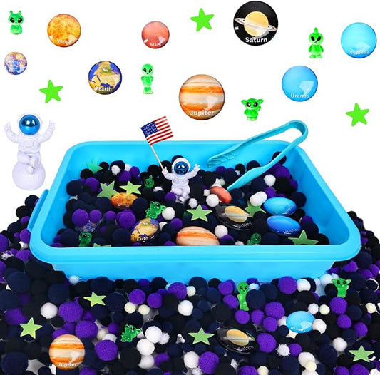 Space Sensory Bin for Toddlers, No-Mess Pom Poms Activity Kit | Galaxy Adventure Play Kit with Astronauts, Aliens, Planets & Star Map, Fine Motor Activity Gift for Preschool Kids Ages 3-6