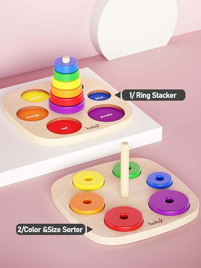 Dailyfunn Montessori Toys Wooden Rainbow Ring Stacker Color Size Learning Sorting Stacking Toy for Toddlers 1-3 Years Old