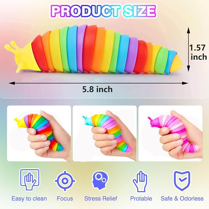 Kabvy 6 Pack Sensory Slug Fidget Toys, Stress Relief Toys for Kids 3+ | Slug caterpillar sensory fidget toys, autism & ADHD anxiety relief, travel play, classroom prizes, party favors, ages 3+