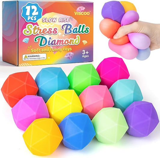 VISCOO 12 Pack Diamond Slow Rising Stress Balls, Stress Cube, Cube Squishy | Squishy Fidget Toys for Anxiety Relief, Dough Squeeze Toys for Classroom Prize, Party Favors for Kids Adults