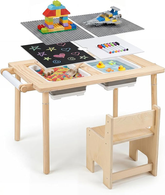 HONEY JOY Sensory Table and Chair Set, Wooden Sand & Water Activity Set w/Adjustable Height, Dual Sided Top, 2 Bins, Paper Roll & 2 Hooks for Art, Study, Craft, Gift for Boys Girls 3+