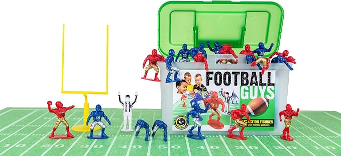 Kaskey Kids Football Guys, Red Gold vs. Blue Silver, 30 Pieces in Each Set, Includes 2 Teams, Accessories, and Travel Storage Case, Nostalgic Sports Action Figures for Imaginative Play, Ages 3 and Up