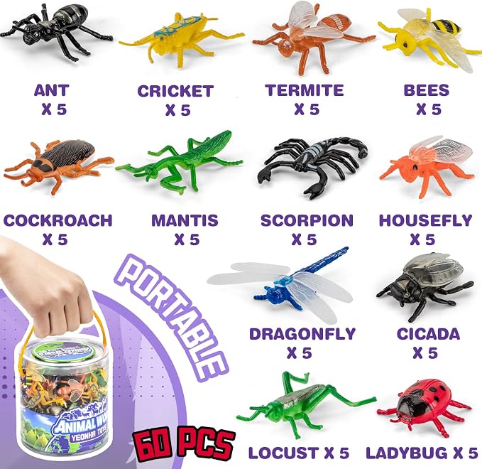 60 Piece Insect Toys with Gift Box, Realistic Plastic Bug Figures | Fake Bug Theme Party Decoration, School Project Sensory Bins, Classroom Reward, Halloween Goody Bag Filler Gift, Cupcake Topp