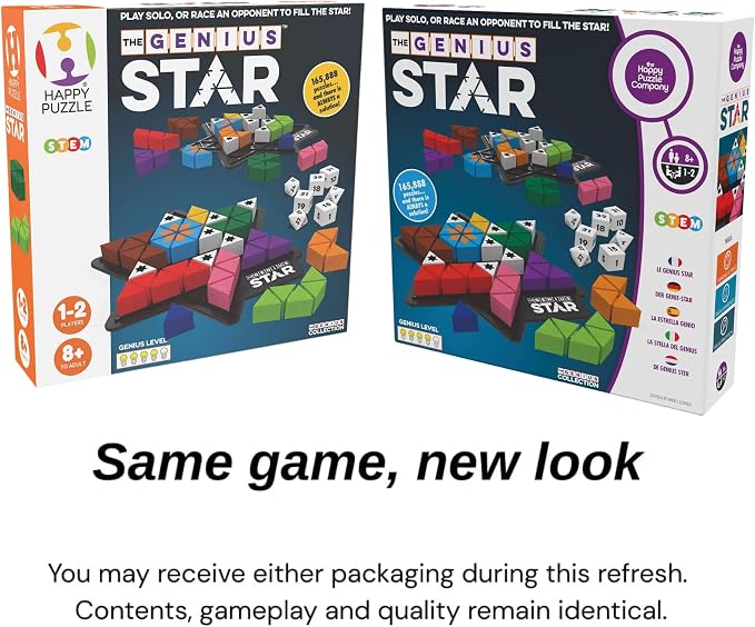 The Happy Puzzle Company The Genius Star | Toy of The Year Award Winning Family Board Game | 165,888 Possible Puzzles | Filling in Colored Shapes | Blockers to Complete A Star | Golden Star Twist