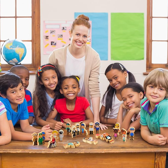 Kathfly 36 Pcs Wooden Community Helpers People, Career Figures Toy | Multicultural Career Blocks for Social Emotional Learning, Creative Play Figures, Preschool Classroom Teaching Wooden Set