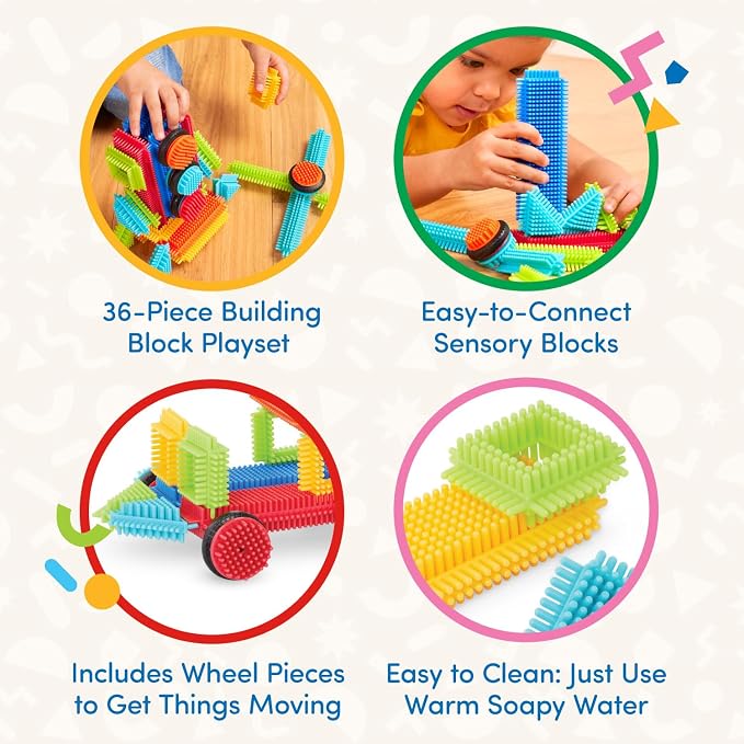 Battat Bristle Blocks Basic Builder Box, Interlocking Building Toys | 36-piece Bristle Blocks playset with functional wheels, soft edges, smooth surfaces, easy-connect bristles, 2+ Years