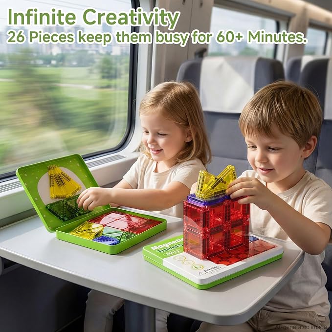 Travel Magnetic Tiles for Kids Car Games Road Trip Essentials | 26 PCS Mini Magnet Building Blocks in Tin Box to Stop Crying - 0.64 lb Pocket Size Educational Toy- Boys Girls Age 3-8