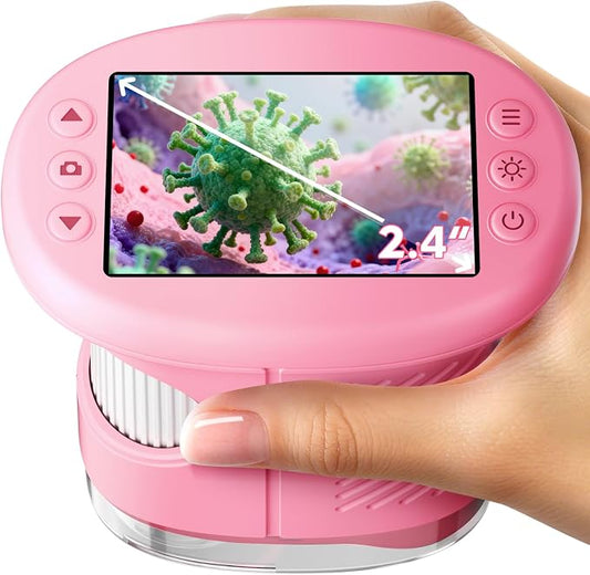 Odatay 4K 1000X Digital Microscope for Kids with Long Distance Viewing & 2.4" Screen, Portable Handheld Edu Toys for Kids Exploring Bugs Plants at Home Classroom & Outdoor Travel, Bright Pink