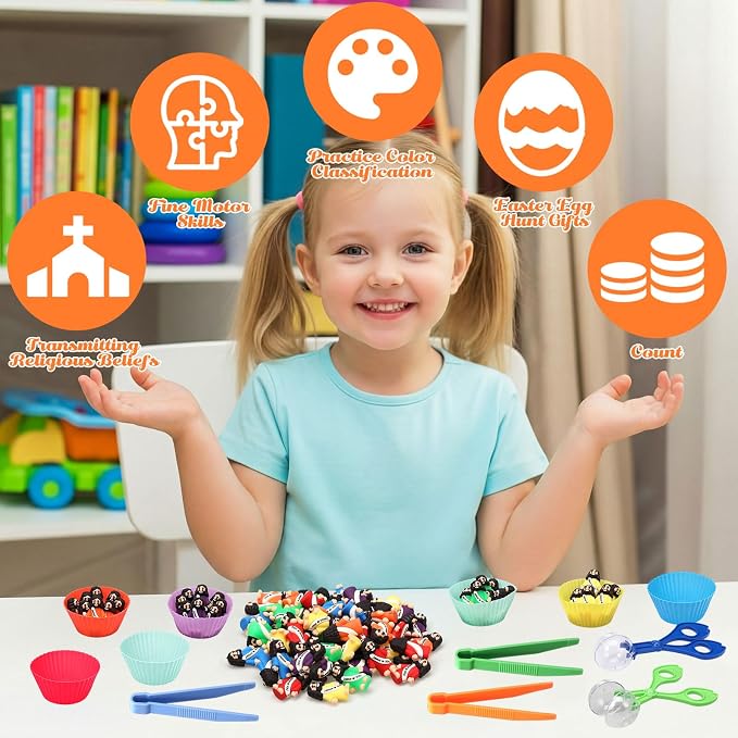 74 Pcs Counting Sorting Toys Fine Motor Skills Handy Scooper Set Sensory Bin Fillers Includes 60 Little Jesus Figures 6 Tweezers 2 Scissors Clips and 6 Colorful Cups for Early Education