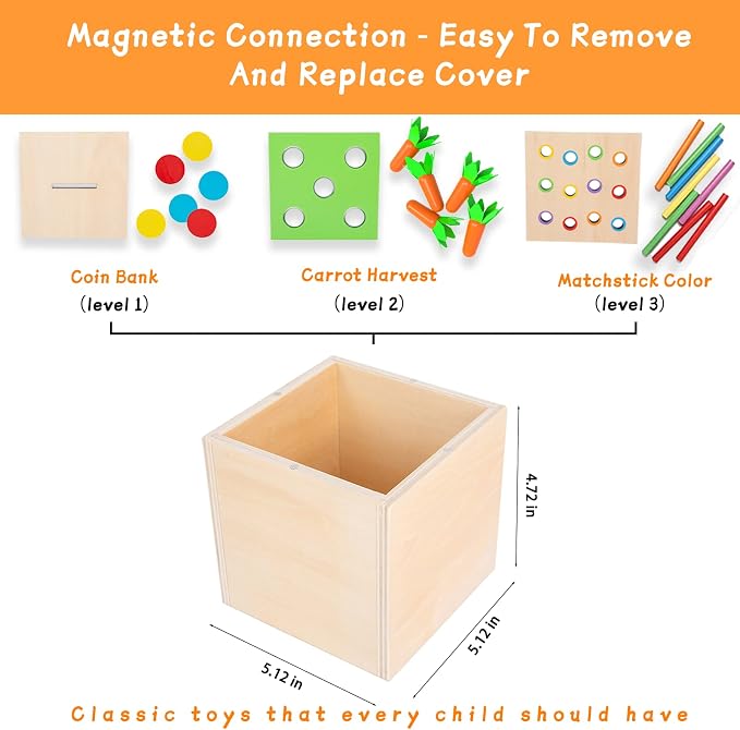 Adena Montessori 3 in 1 Wooden Play Kit for Babies 6-12 Months | Color drop, carrot harvest, coin box boost motor, logic and color sorting. Bright wood for toddlers independent play.