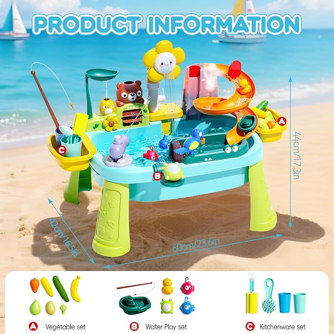 Ploomi Upgraded Toddler Sand Water Table Toy with Electric Water Pump, Kids Sand Water with Faucet/Play Food Accessories/Fishing Toy, Kitchen Play Sink Toys for Girl Boy Age 3+ (Light-Blue)
