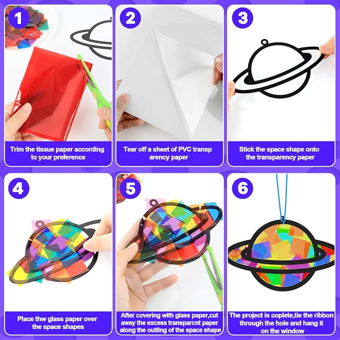 Lonfliness 32 Sets Solar System Suncatchers Crafts Kit DIY Outer Space Window Stained Glass Effect Paper Planet Home School Classroom Decoration Art Craft Creative Activity Project Gift Favor