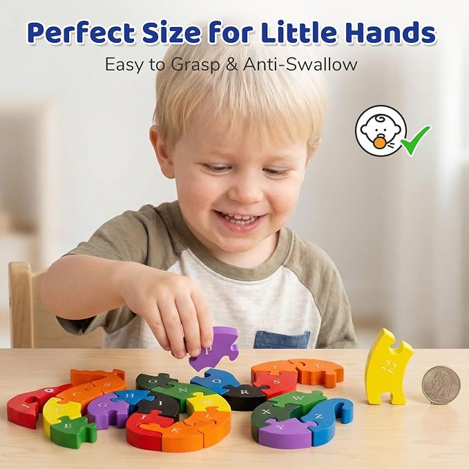 LovesTown Wooden Double Sided Snake Puzzle | Alphabet & Numbers, Educational Toys, Chunky Animal Design, For Toddlers, Great Learning Gift