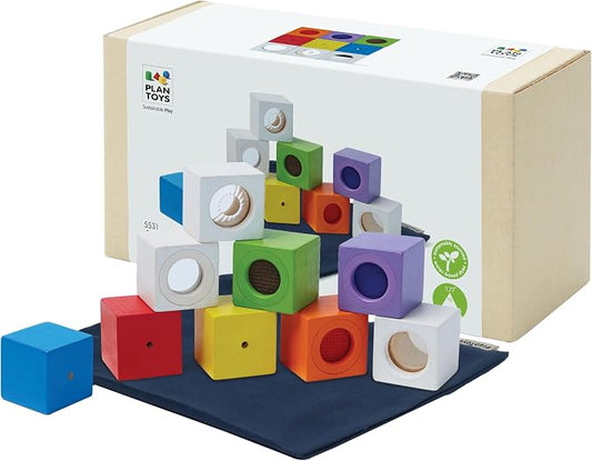 PlanToys® Sensory Activity Blocks for Toddlers 9-Piece Set Ages 12 Months+ | storage bag, visual, tactile, sensory blocks, girls, boys, auditory fine motor cognitive learning gift preschool new set