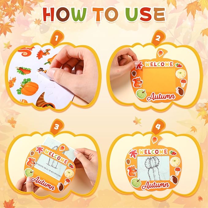 Memorywuu 72 Sets Thanksgiving DIY Crafts Kit Fall Picture Frames Autumn DIY Photo Frames Pumpkin Maple Leaf Pine Cone Photo Frame Decor for Kid Home Classroom Thanksgiving Day Kits Game Activities