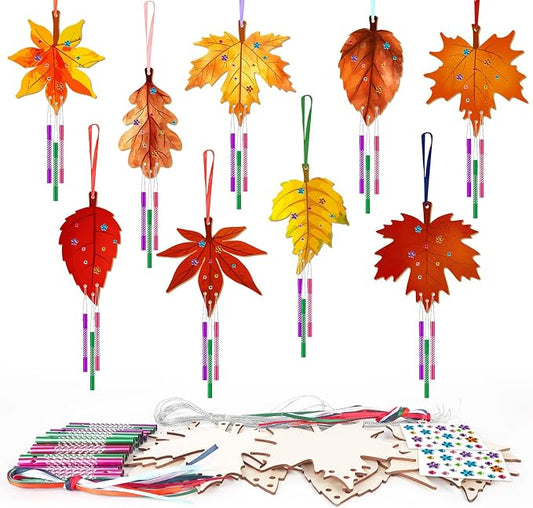 Sealmic Wooden Fall Wind Chime Kit Make Your Own Maple Leaf DIY Wind Chime Kit Coloring Fall Craft for Hanging Ornaments Thanksgiving Autumn Halloween Party Craft 9 Pack