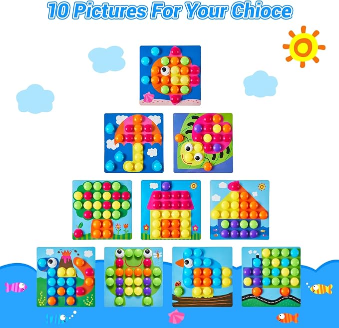 Geekper 68PCS Button Art Toys for Toddlers Color Matching Mosaic Pegboard | Early Learning Educational Toys for 3, 4, 5, 6 Year Old Kids Boys and Girls Easter Gifts, 10 Pictures and 58 Buttons