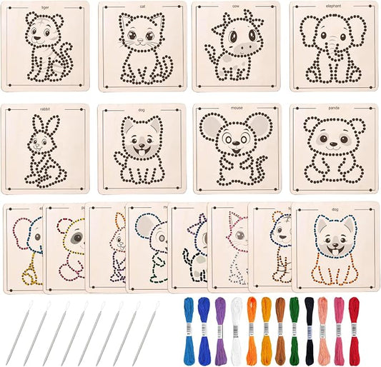 Ukontagood 16 Pack Montessori Wooden Lacing Toys | Sewing Kit Fine Motor Skill Busy Board, Sewing Lacing Weaving Wooden Boards for Toddlers and Kids