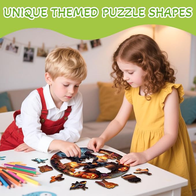 Holiday Wooden Puzzles for Kids - Halloween Black Bat | 50 Piece Puzzles for Kids Ages 4-6 - Kids Puzzle with Unique Animal Shapes - Round Puzzles for Boys and Girls (11.4 * 11.4in)