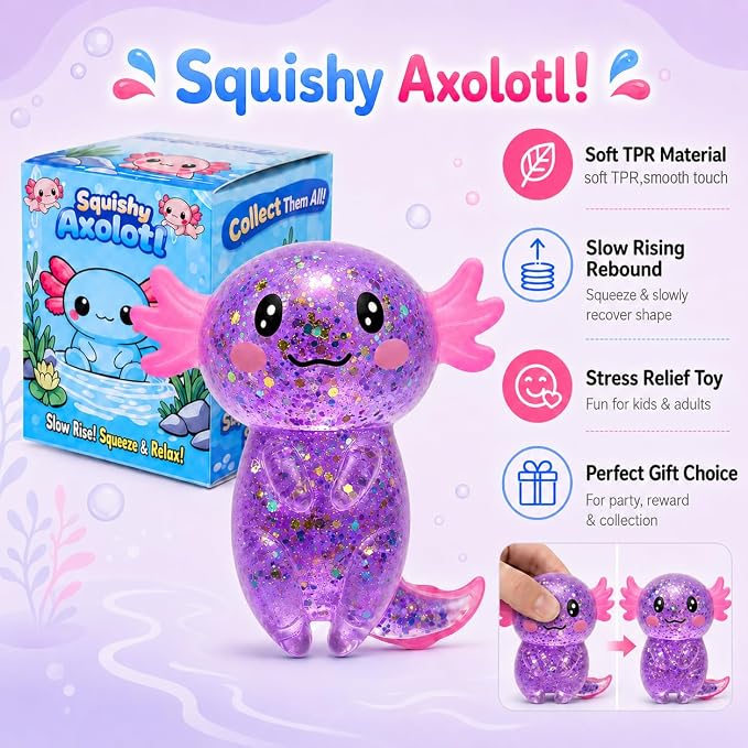Axolotl Squishy Stress Ball, Soft TPR Slow Rising Squeeze Toy, Cute Axolotl Fidget Toy for Stress Relief, Anxiety Calming Sensory Toy for Kids Adults(Purple Long Tail Axolotl)