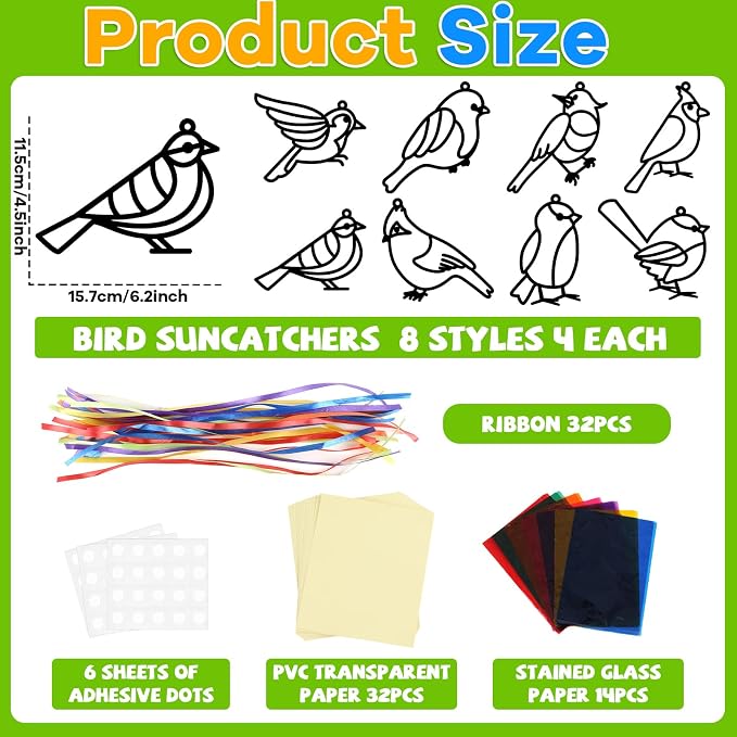Lonfliness 32 Sets Bird Suncatchers Craft Kit DIY Birds Window Stained Glass Effect Paper Spring Home School Classroom Decoration Art Craft Creative Activity Project Gift Favor