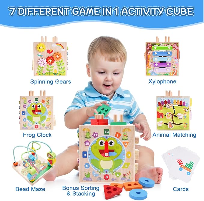 Wooden Activity Cube | Montessori Toys for 1 2 3 Year Old Toddler Gifts | One Year Old 1st First Birthday Gift | Educational Toys for 12+ Months Baby Boys Girls | Bonus Sorting & Stacking Game (Blue)