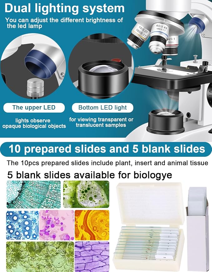 Microscope for Adults WF10x and WF25x eyepieces, 40X-2000X Magnification USB Camera, Microscope for Adults Suitable for Laboratory School (Binocular Microscope Without Gift Bag)