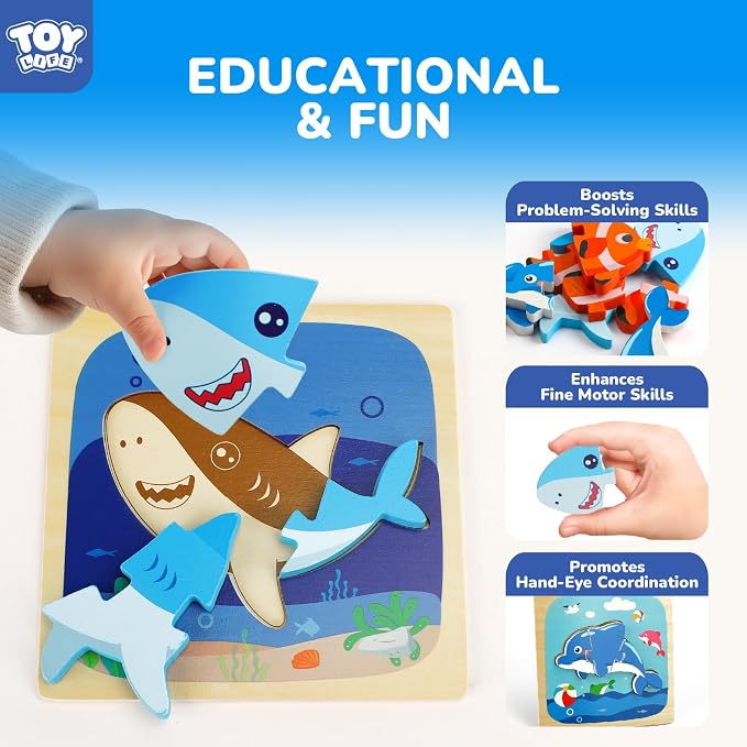 TOY Life Wooden Puzzles for Toddlers 2-4, Sea Animals Puzzles for Toddlers 1-3, Wood Puzzles Educational Montessori Toys Gifts for 1 2 3 Year Old, Baby Kids Learning Toy