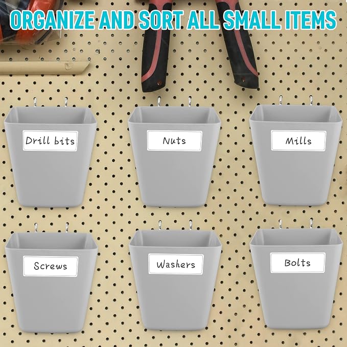 Large Pegboard Cups, 6Pack Peg Board Square Storage Bins With Hooks (Grey) | Big Open-Mouth Cups, 1/8" 1/4" Pegboard Organizer Accessories, Cup Holder for Craft Garage Workbench Office Tools Supplies