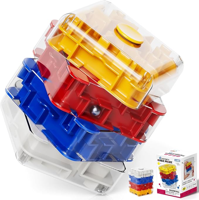 3D Maze Cube Ball Puzzle Brain Teaser for Adults & Kids, Educational Learning Toys Logical Thinking, Family Board Games Tabletop, Durable Puzzle Cube (White&Blue&Red&Yelllow, 2.4x2.4x3.2)
