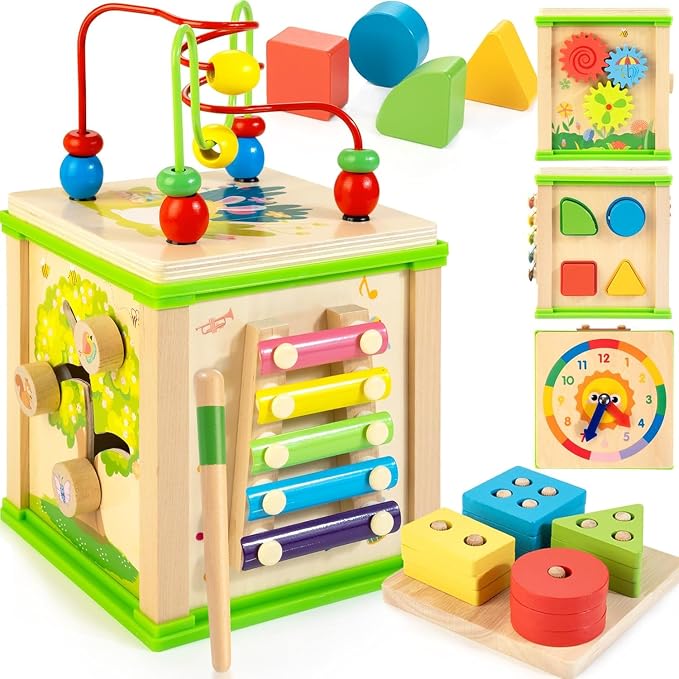 WOODMAM Wooden 7-in-1 Activity Cube, Montessori Toys for 1 2 Year Old | Educational Developmental Toys, One Year Old Boy Girl Birthday Gifts, Bead Maze, Xylophone, Sorting & Stacking Board