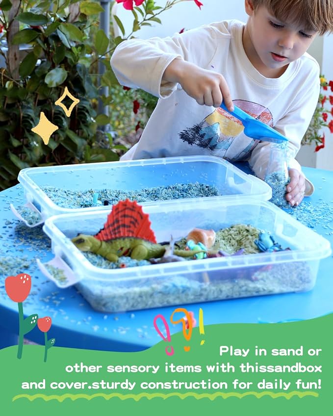 Sensory Bin Sand Tray with Lid for Toddlers 2 Pcs 15in Portable Sandbox Toy Large Plastic Tray for Kids 3 4 5 6 Fill with Sand, Water, Beads, and More (2 Transparent)