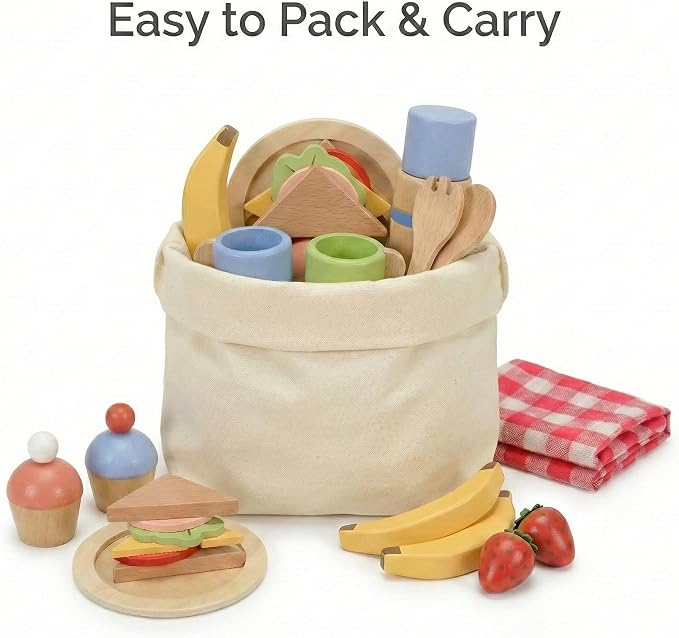 Pillowhale Wooden Play Food Set for Kids, 32-Piece Pretend Picnic Toy with Sandwiches, Fruits, Cups & Plates, Canvas Bag & Mat, Toddler Role Play Toys Ages 3+