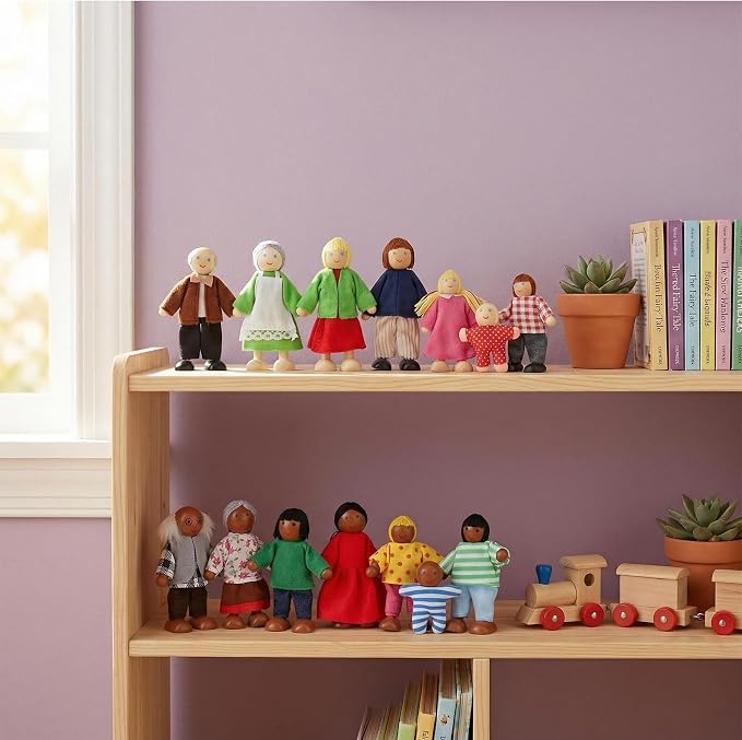 14 Pcs Wooden Dollhouse People Figures, Poseable Wooden Dolls for Girls and Toddlers, Multicultural Pretend Play Toy