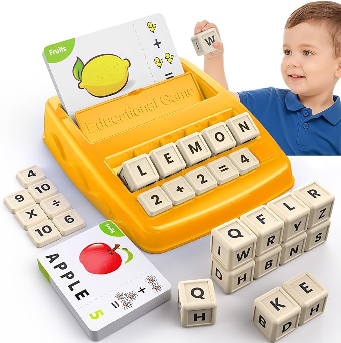 DEGIDEGI Educational Toys for Kids Ages 3-8, Matching Letter Spelling Game ABC Math Learning, Xmas Birthday Party Gifts for 3 4 5 6 7 8 Year Olds Boys and Girls Yellow