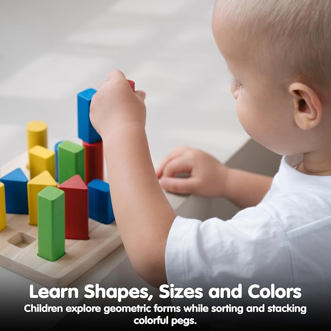 PlanToys® Geometric Peg Board Wooden Shape Sorting Toy for Kids Ages 2+ | wooden geometric peg board, shape sorting stacking, montessori STEM toy, fine motor color learning coordination, kids ages 2+