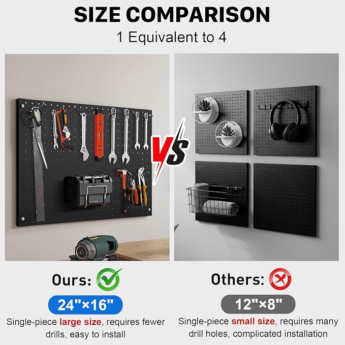 Peg Board, 2 Pack Metal Pegboard Panels Black Pegboards Wall Organizer with Frame Large Heavy Duty Peg Board with Hooks for Walls Home,Garage Tool Storage,Office Organization,Kitchen 24”×16”