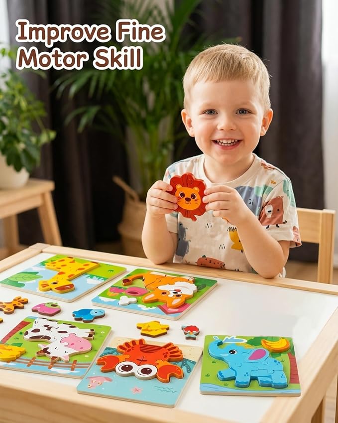 Wooden Puzzles for Toddlers 1-3, 6pcs Animal Jigsaw Puzzles for Toddlers, Montessori Educational Learning Toys for Kids Ages 1-4,Gifts for Boys Girls