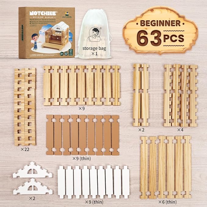Jovi-mindly＆Notchies 63PCS Wooden Blocks Beginner Set Wooden Blocks |Preschool Learning Toys Wood Blocks Building for Kids Ages 3+ Creative Construction Game,FSC Certified,Birthday Toys Gifts
