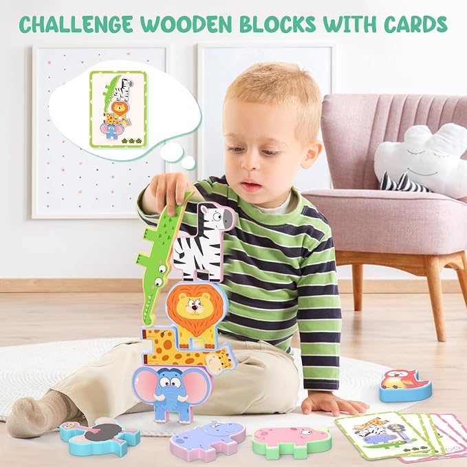 Zeoddler Montessori Toys for Toddlers, 10 Pack Wooden Animal Stacking Blocks, Sorting & Stacking Preschool Learning Activities, Gift for Boys, Girls