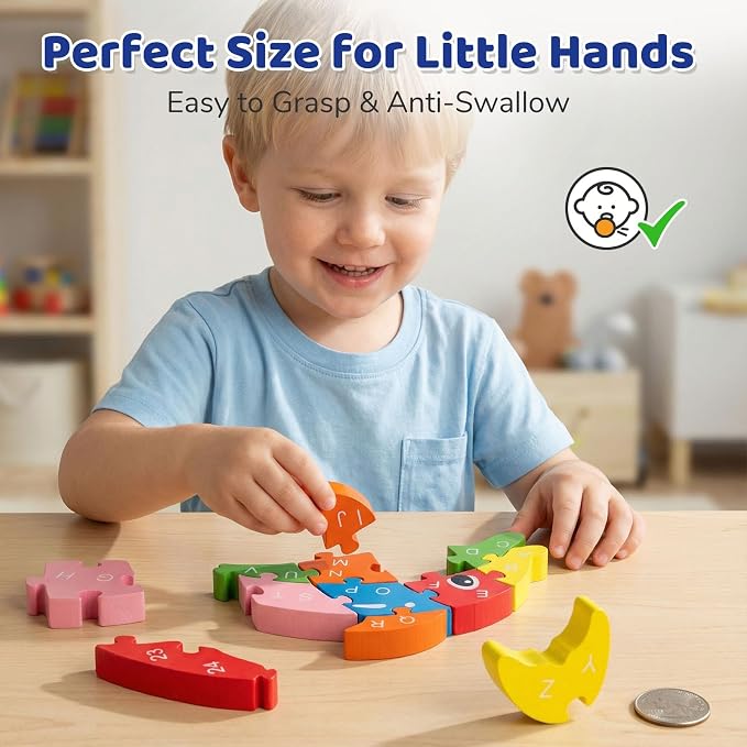 LovesTown Puzzle for Kids, Wooden, 3D Dolphin Shape | for Ages 3-5, Double-Sided, Alphabet Recognition, Number Counting, Fine Motor Skills, Montessori Learning Gifts
