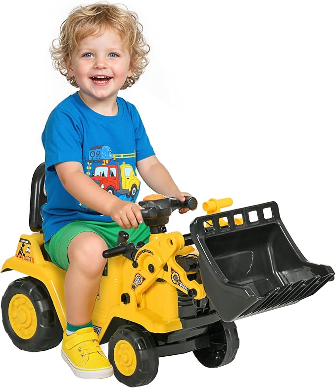 HOMCOM Ride On Excavator Ride On Bulldozer with Horn, Under Seat Storage | Kids Bulldozer Pull Cart, Sit and Scoot, Pretend Play Toy Construction Car, Ages 18-48 Months