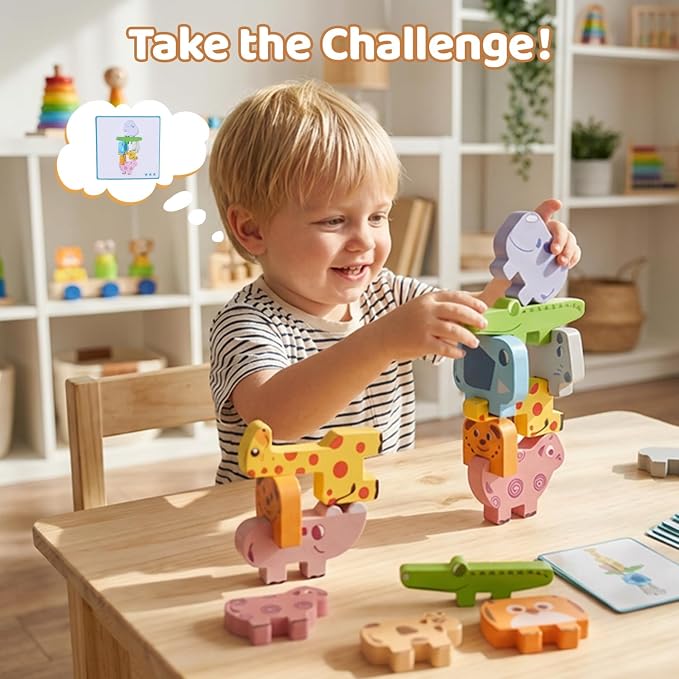 Montessori Toys, 10 PCS Wooden Animal Blocks Baby Stacking Set | Preschool Educational Learning Puzzles, Sensory Sorting Toys for 0 1 2 3 4 Year Old Kids Toddlers Girl Boy, Birthday Gift