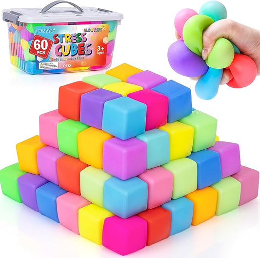 VISCOO 60 Pack Slow Rising Stress Cube, Stress Balls Fidget Squishy Toys | Squeeze Toy for Anxiety Relief, Pull Stretch Squishy Ball for Classroom Prize, Party Favors for Kids Adults