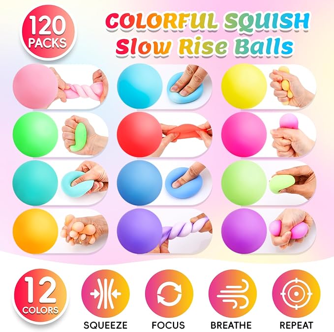 VISCOO 120 Pack Slow Rising Stress Ball,Stress Balls for Adults,Fidget Toys | Hand Therapy Sensory Squishy Ball for Stress Relief, Squishy Toys for Kids, Classroom Prize Box Party Favors