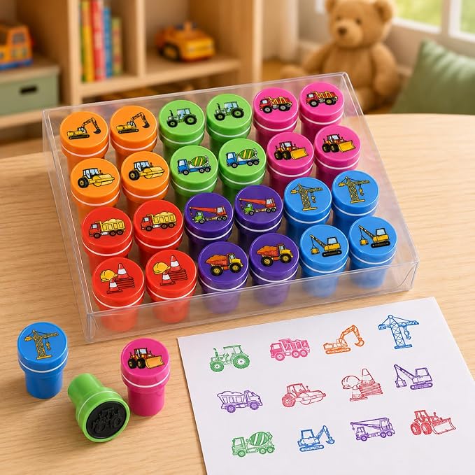 Cinrobiye 24 Pcs Construction Vehicle Stampers Party Favor Set, Cute Building Truck Stamps for Kids Birthday Party, Classroom Rewards, Carnival Prizes, Goody Bag Fillers, Themed Party Supplies